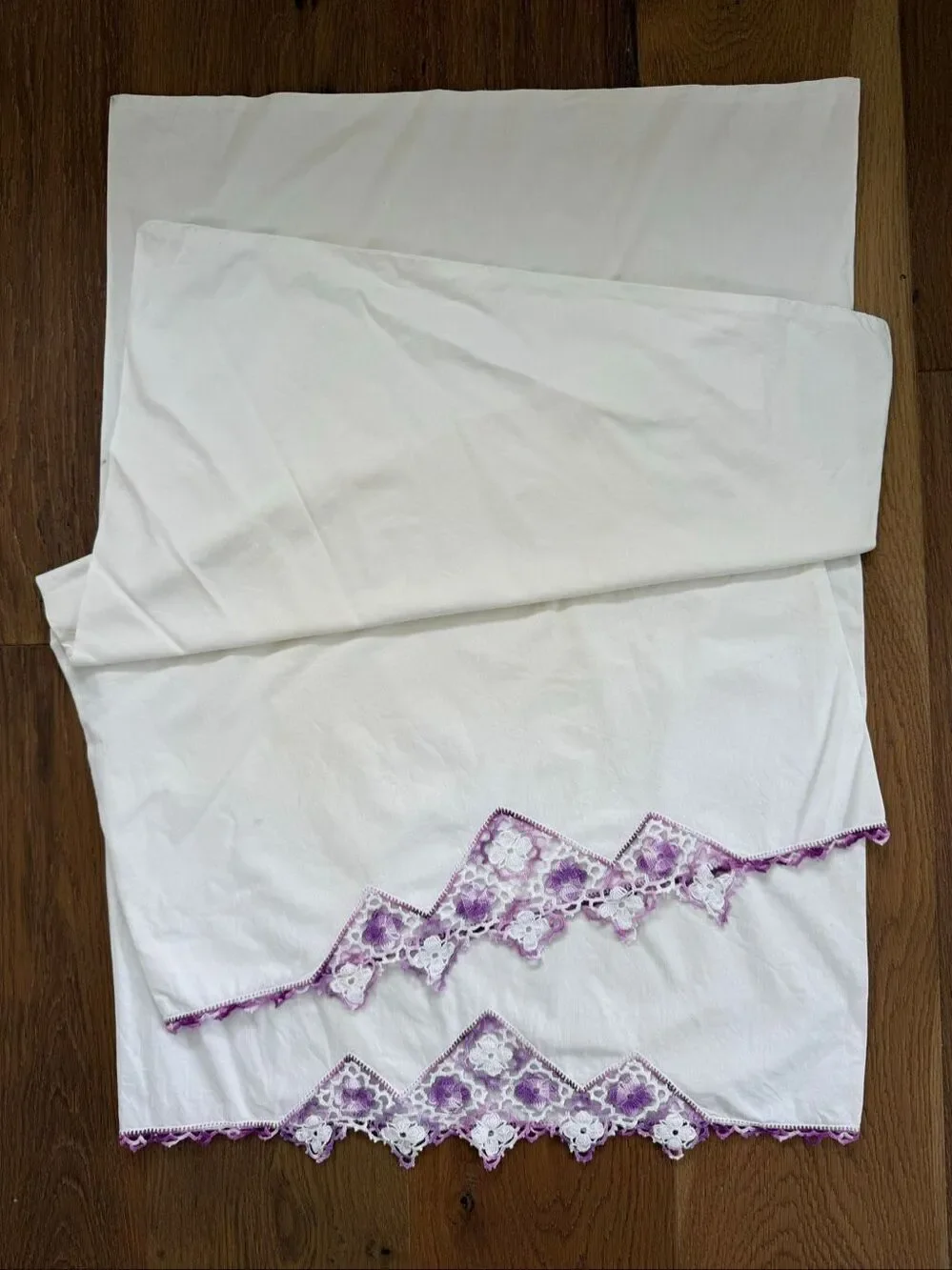 2 Vintage Queen Size Pillowcases Purple Crochet Lace Detail 34” x 20”